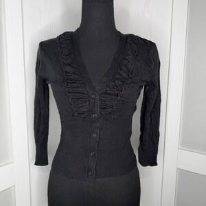 IZ Byer California Cardigan Sweater Women‎ Sz M Black Ruffle V-Neck Button Front